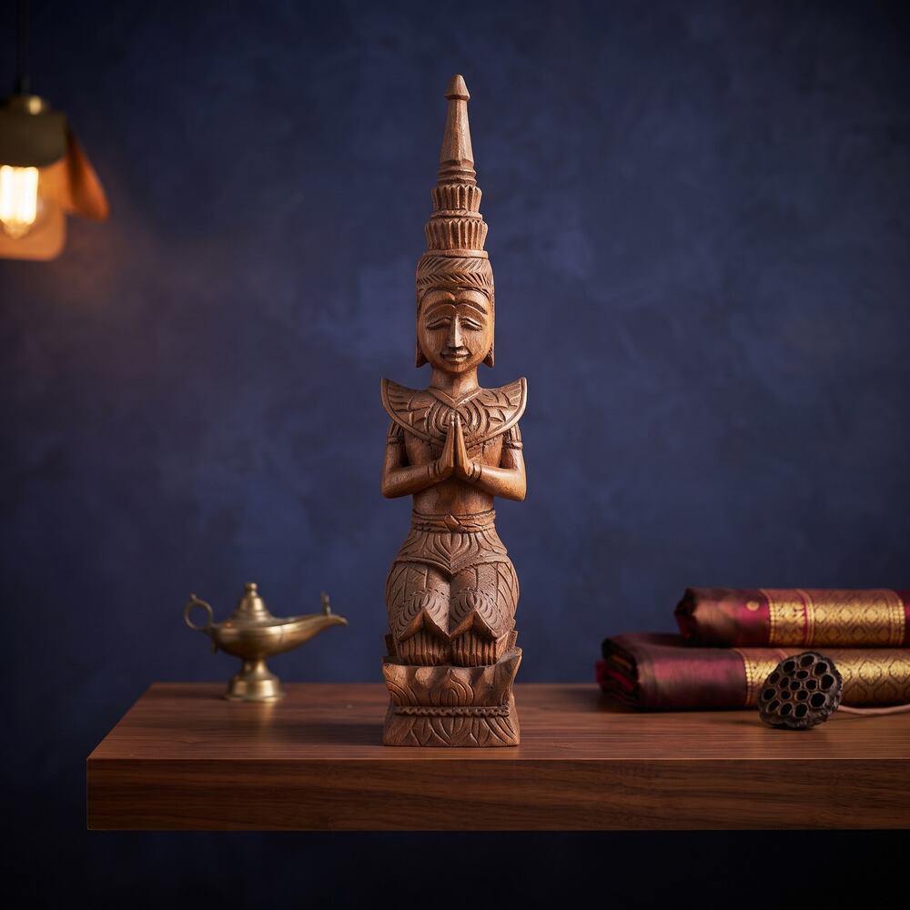 Vintage Thepphanom Wood Carving Art Thai Buddha Figure kneeling praying 17.5"
